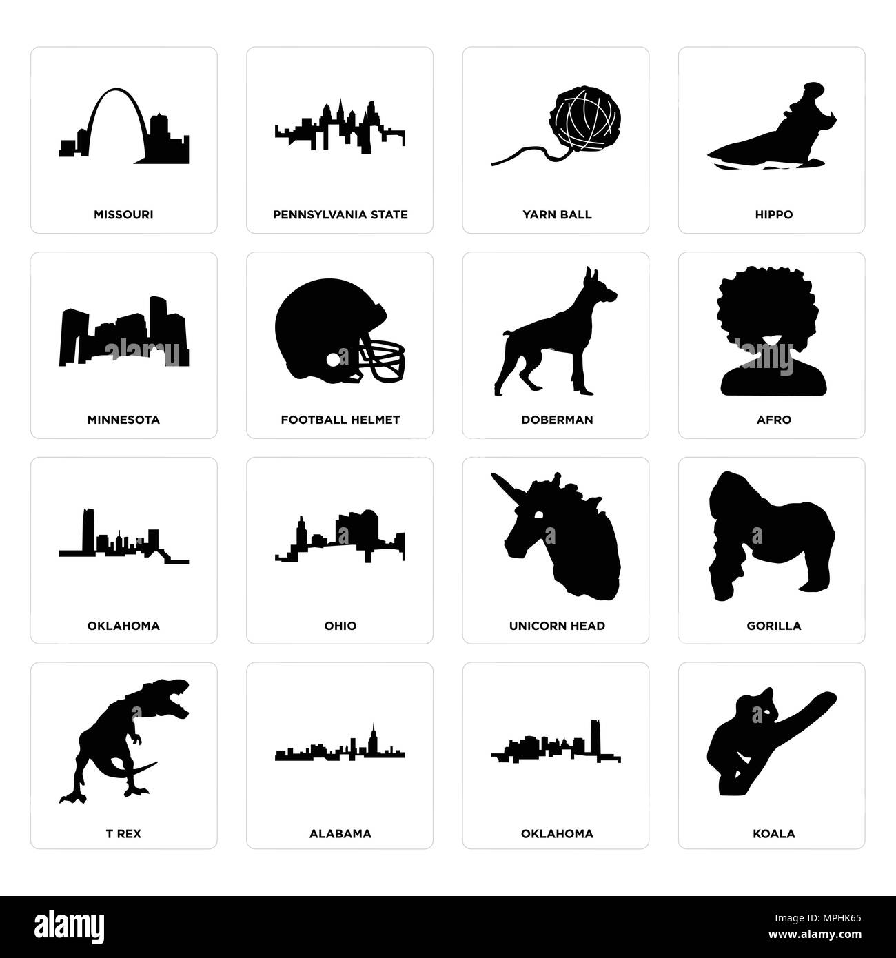 Ensemble de 16 icônes modifiable simple comme koala, Oklahoma, Texas, t rex, le gorille, le Missouri, le Minnesota, le dobermann peut être utilisé pour le mobile, l'interface utilisateur web Illustration de Vecteur