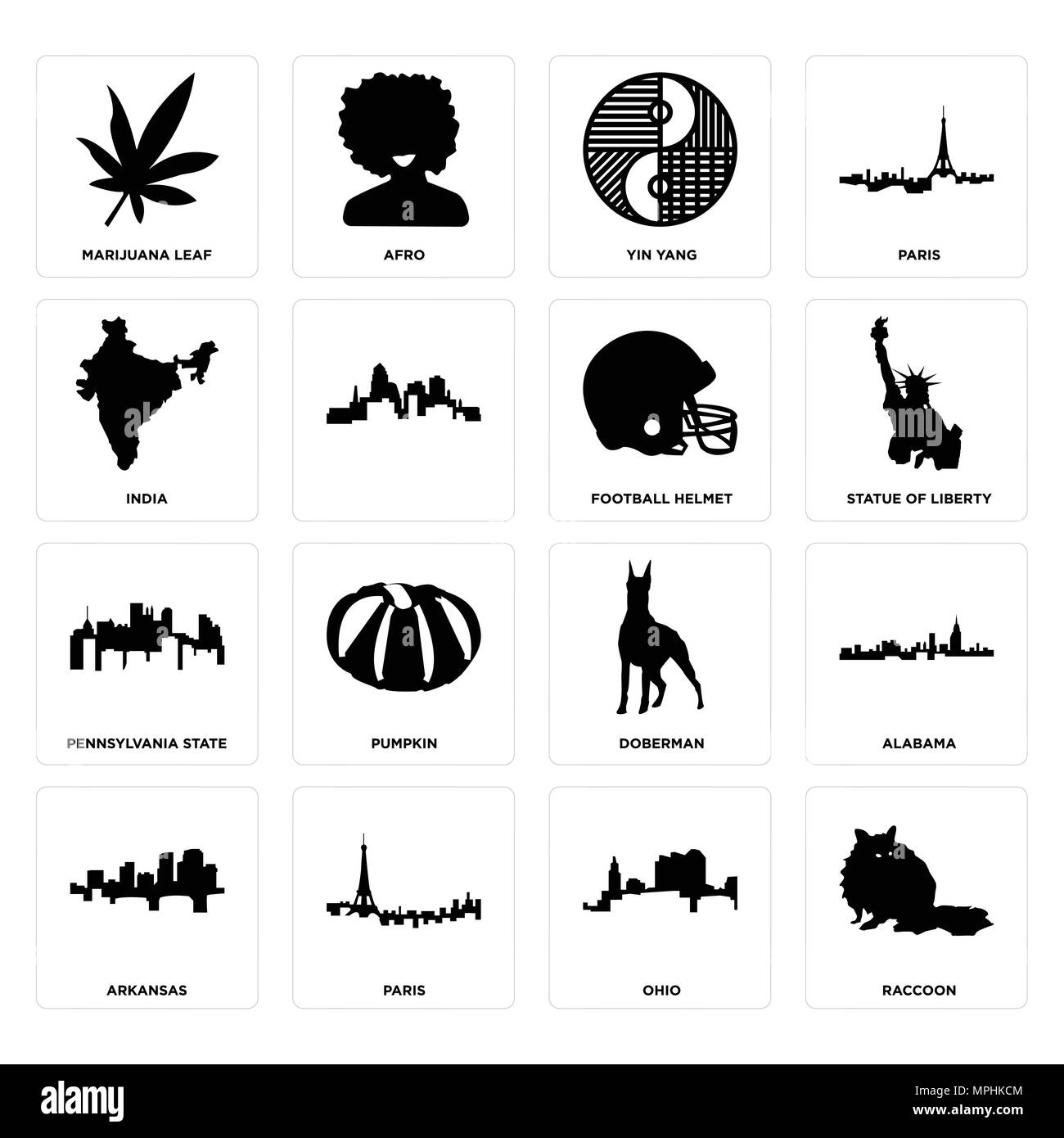 Ensemble de 16 icônes modifiable simple comme le raton laveur, l'Ohio, Paris, New York, New York, la marijuana, l'Inde, des feuilles, de l'état de Pennsylvanie football helmet peut être utiliser Illustration de Vecteur