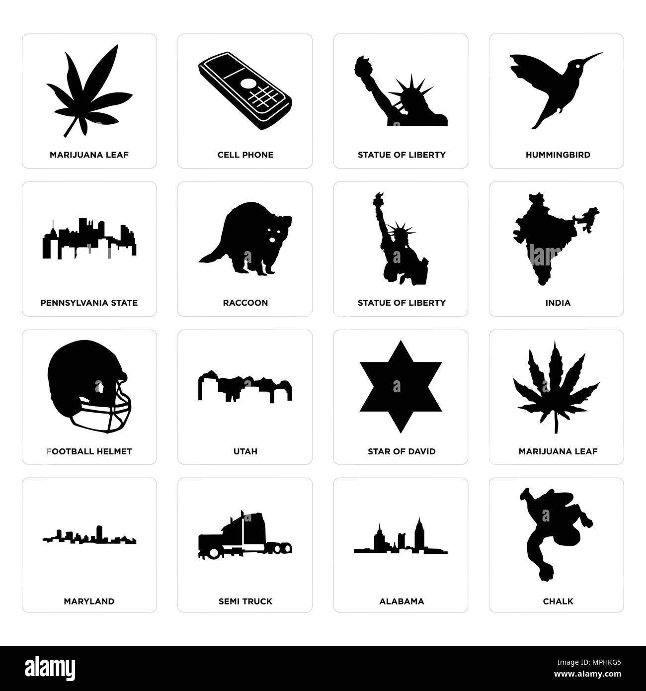 Ensemble de 16 icônes modifiable simple comme de la craie, de l'Alabama, semi truck, Maryland, feuilles de marijuana, Pennsylvania State, football helmet, statue de la liberté c Illustration de Vecteur