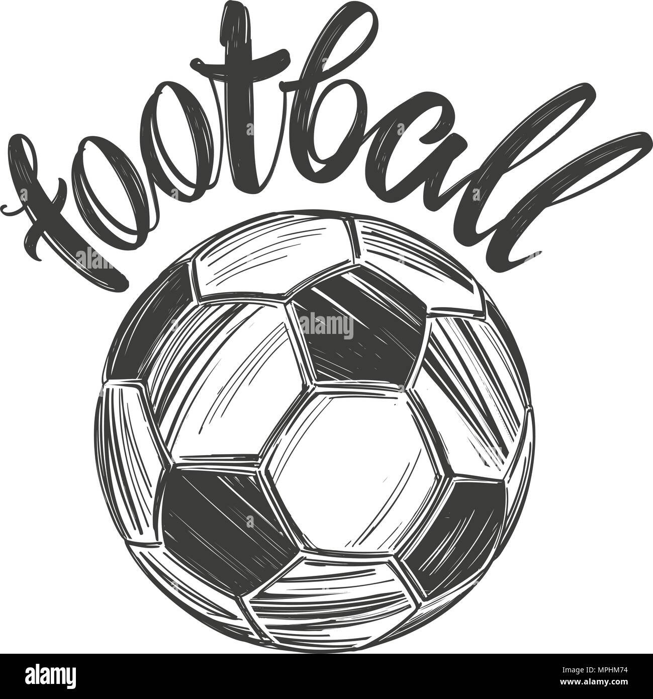 Football, ballon de football, jeu de sport, texte calligraphié, signe de l'emblème dessiné à la main, croquis d'illustration vectorielle Illustration de Vecteur