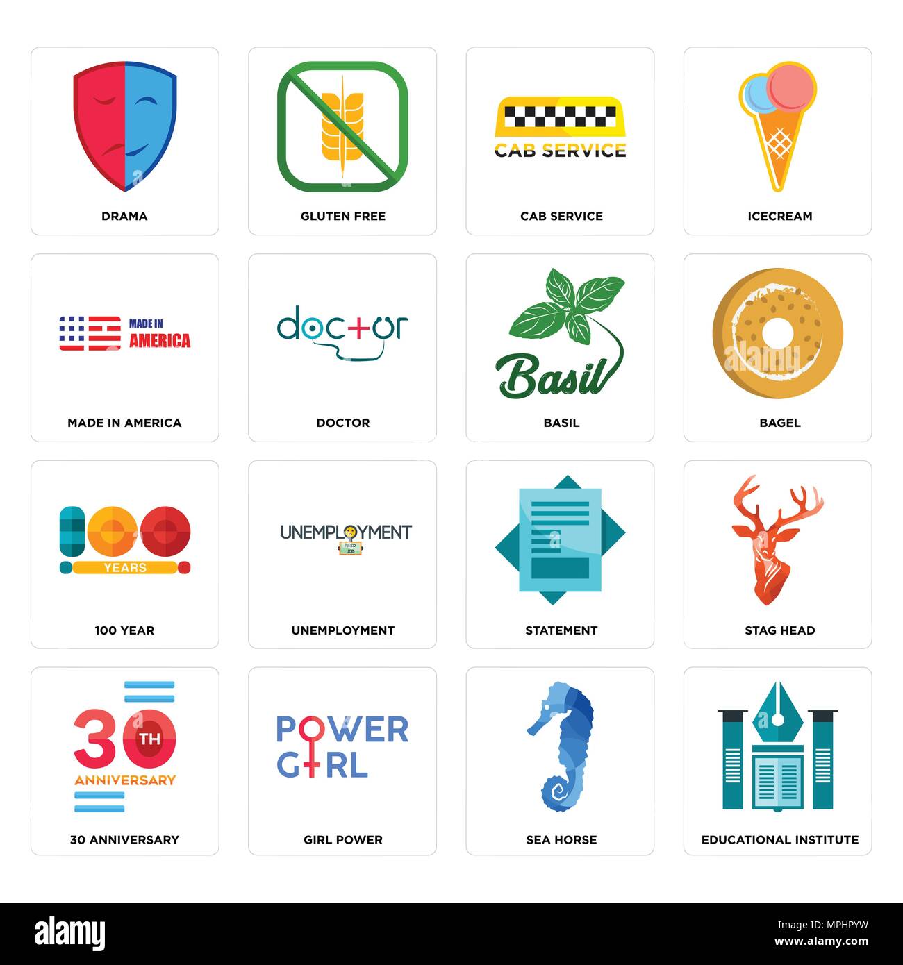 Ensemble de 16 icônes modifiable simple comme un établissement d'enseignement, sea horse, Girl power, 30 ans, tête de cerf, de théâtre, made in America, 100 ans, bas Illustration de Vecteur