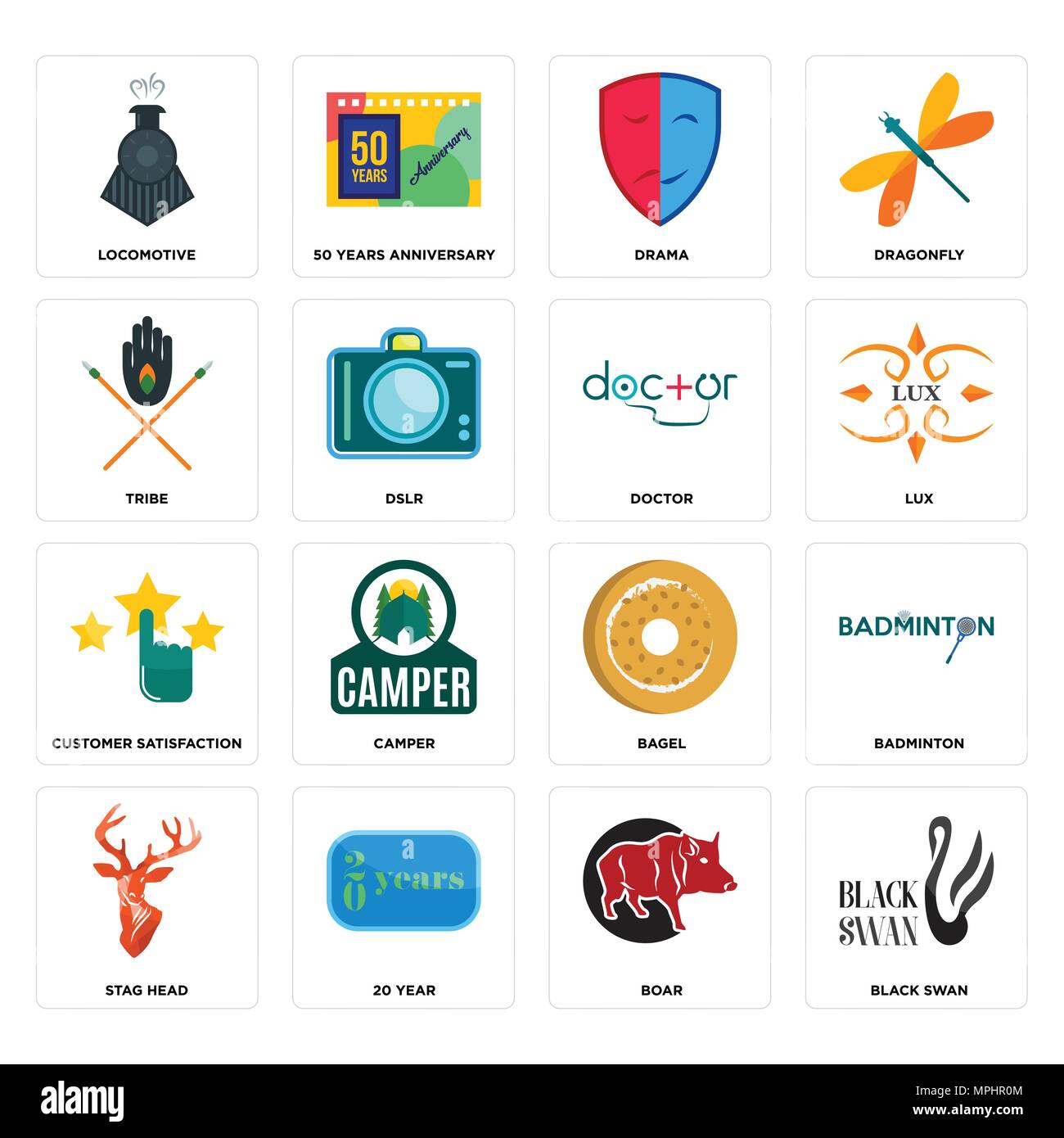 Ensemble de 16 icônes modifiable simple comme Black Swan, sanglier, 20 ans, tête de cerf, badminton, la locomotive, la tribu, la satisfaction du client, un médecin peut être utilisé Illustration de Vecteur