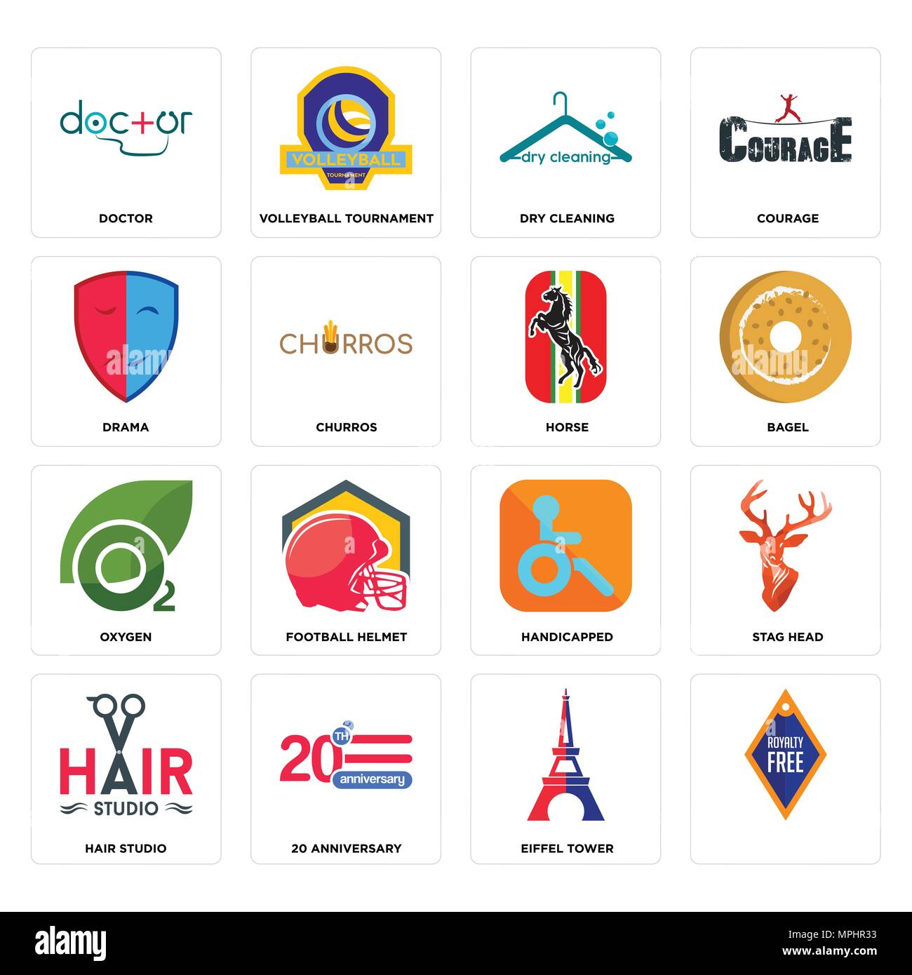 Ensemble de 16 icônes comme modifiable simple, tour eiffel, 20 anniversaire, Hair Studio, tête de cerf, médecin, du théâtre, de l'oxygène, cheval peut être utilisé pour le mobile, nous Illustration de Vecteur
