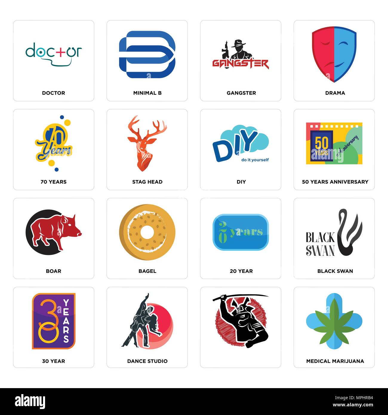 Ensemble de 16 icônes modifiable simple comme la marijuana médicale, , studio de danse, 30 ans, Black Swan, médecin, 70 ans, le sanglier, le bricolage peut être utilisé pour le mobile, nous Illustration de Vecteur