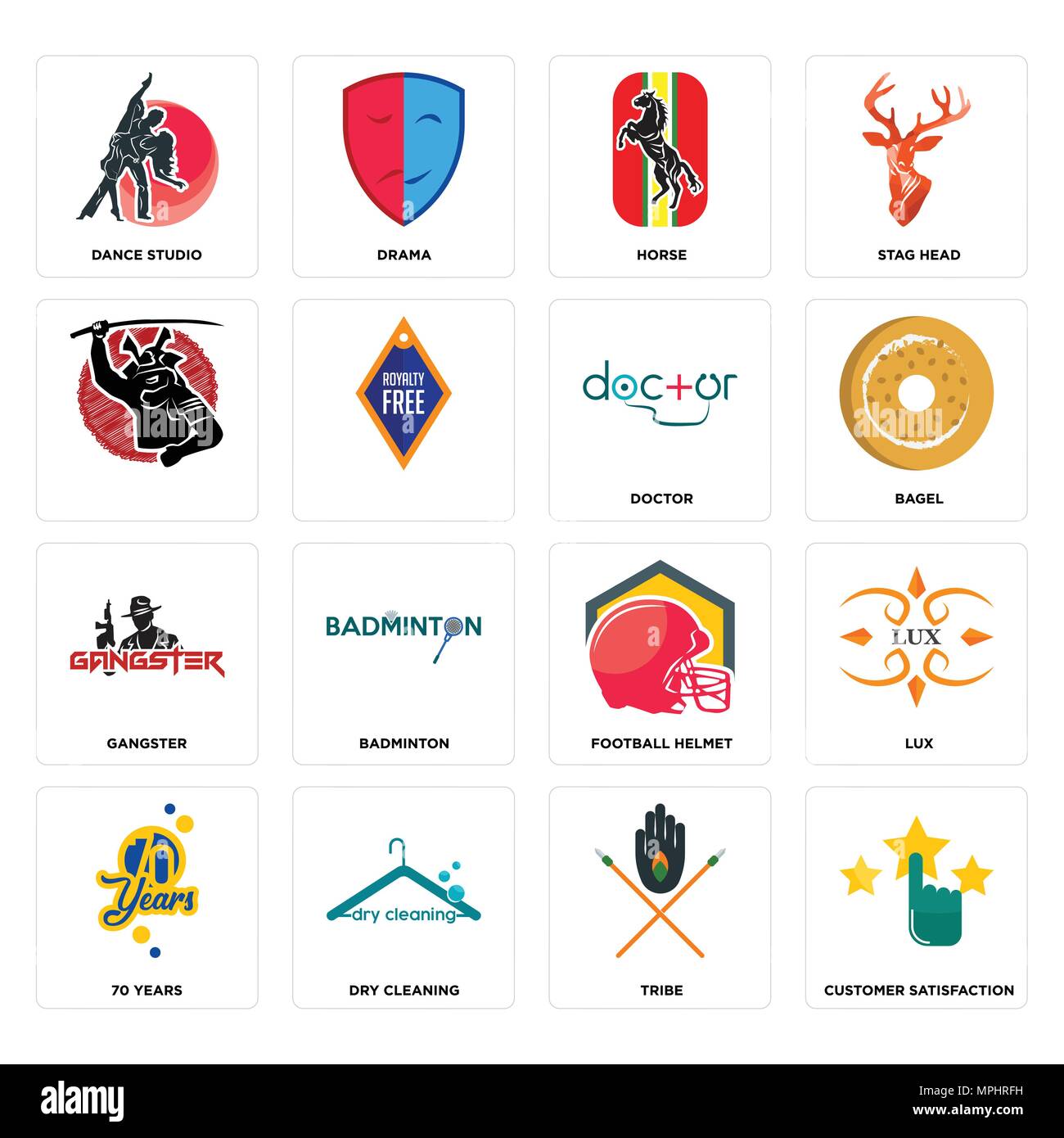 Ensemble de 16 icônes modifiable simple tels que la satisfaction du client, de la tribu, de nettoyage à sec, 70 ans, lux, studio de danse, gangster, médecin , peut être utilisé pour le mo Illustration de Vecteur