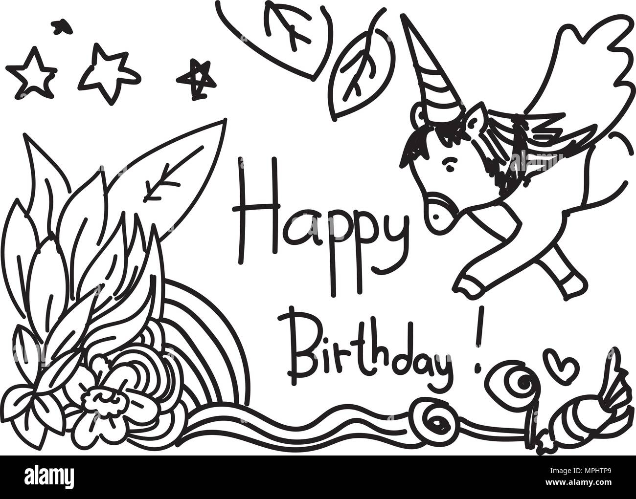 Joyeux Anniversaire Conception de cartes avec unicorn et de feuilles dans le style handdrawn. Illustration de Vecteur