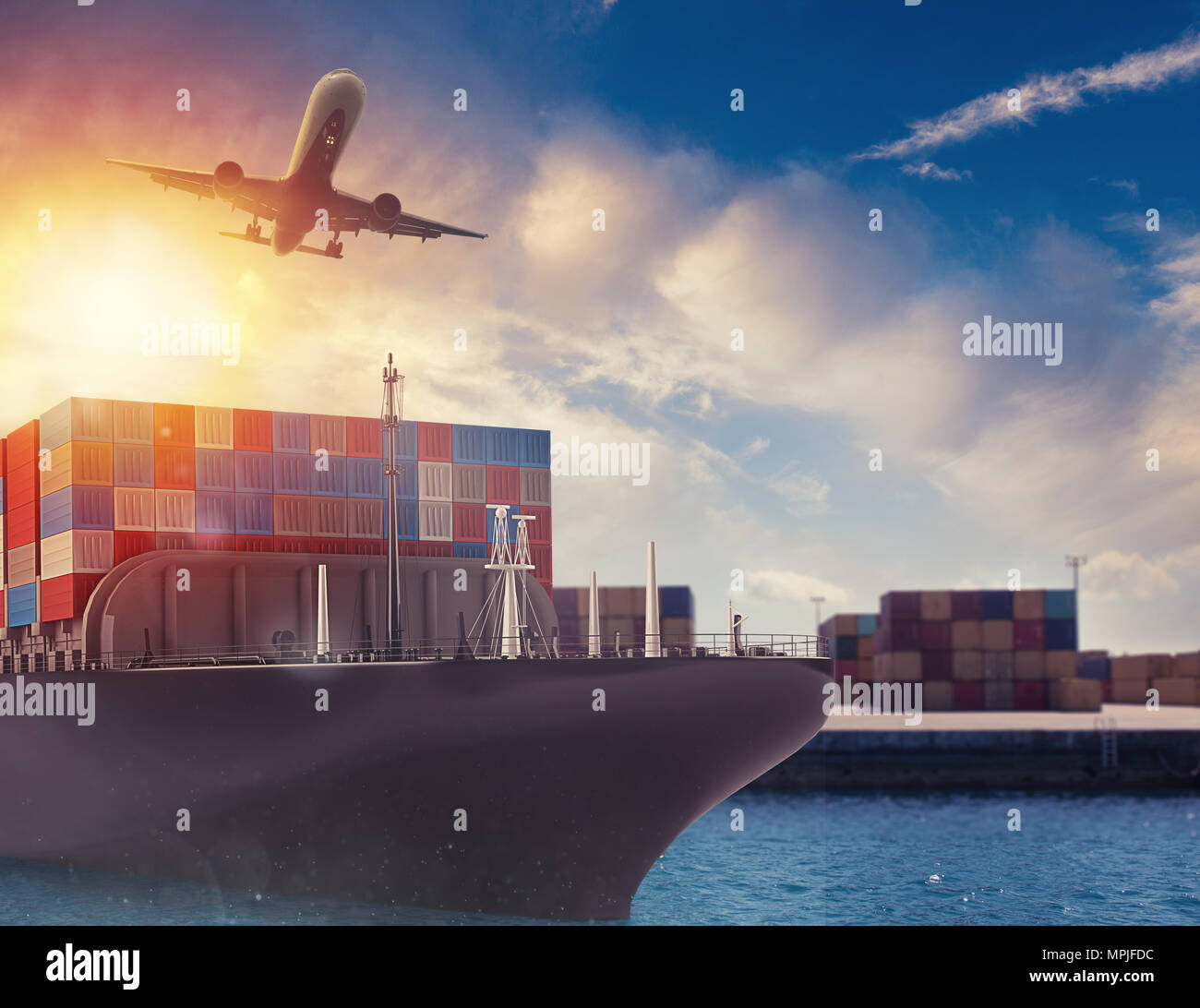 Et d'avion cargo au port prêt à voyager avec des paquets. Le rendu 3D Banque D'Images