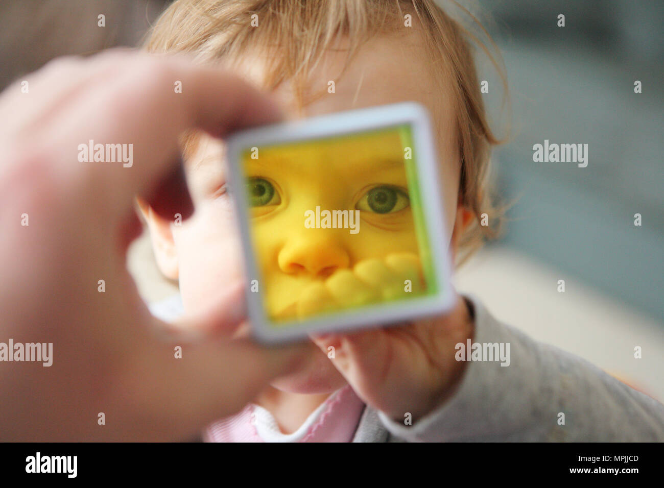 Bébé curieux bébé fille s'amusant avec les formes d'enseignement à domicile des blocs de couleur et la texture, l'âge de 12 à 18 mois Février 2010 --- Image par © Paul Cunningham Banque D'Images