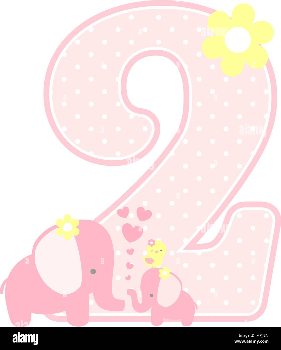 Numero 2 Avec L Elephant Et Le Mignon Petit Bebe Elephant Isole Sur Blanc Peut Etre Utilise Pour La Fete Des Meres Carte De Naissance Bebe Fille Deco Pepiniere Image Vectorielle Stock