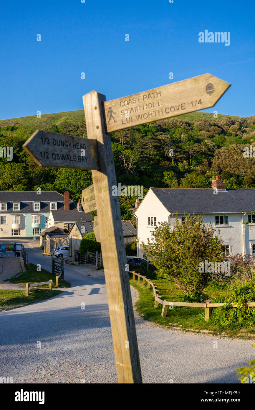 Panneau en bois de travers avec l'itinéraire le long de la South West Coast Path dans la crique de Lulworth, Dorset, England, UK Banque D'Images