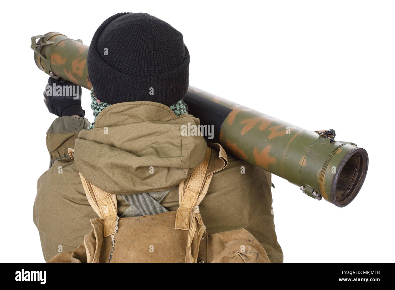 Fighter avec RPG rocket launcher isolated on white Banque D'Images