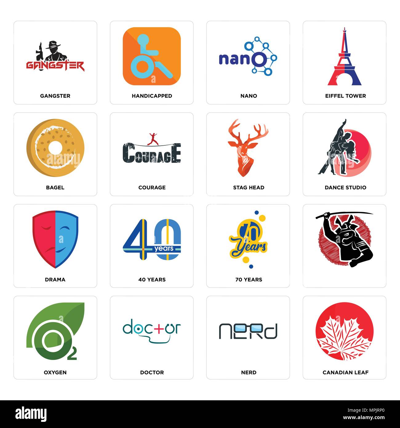 Ensemble de 16 icônes modifiable simple comme la feuille, nerd, médecin, oxygène, , gangster, bagel, théâtre, tête de cerf peut être utilisé pour le mobile, l'interface utilisateur web Illustration de Vecteur