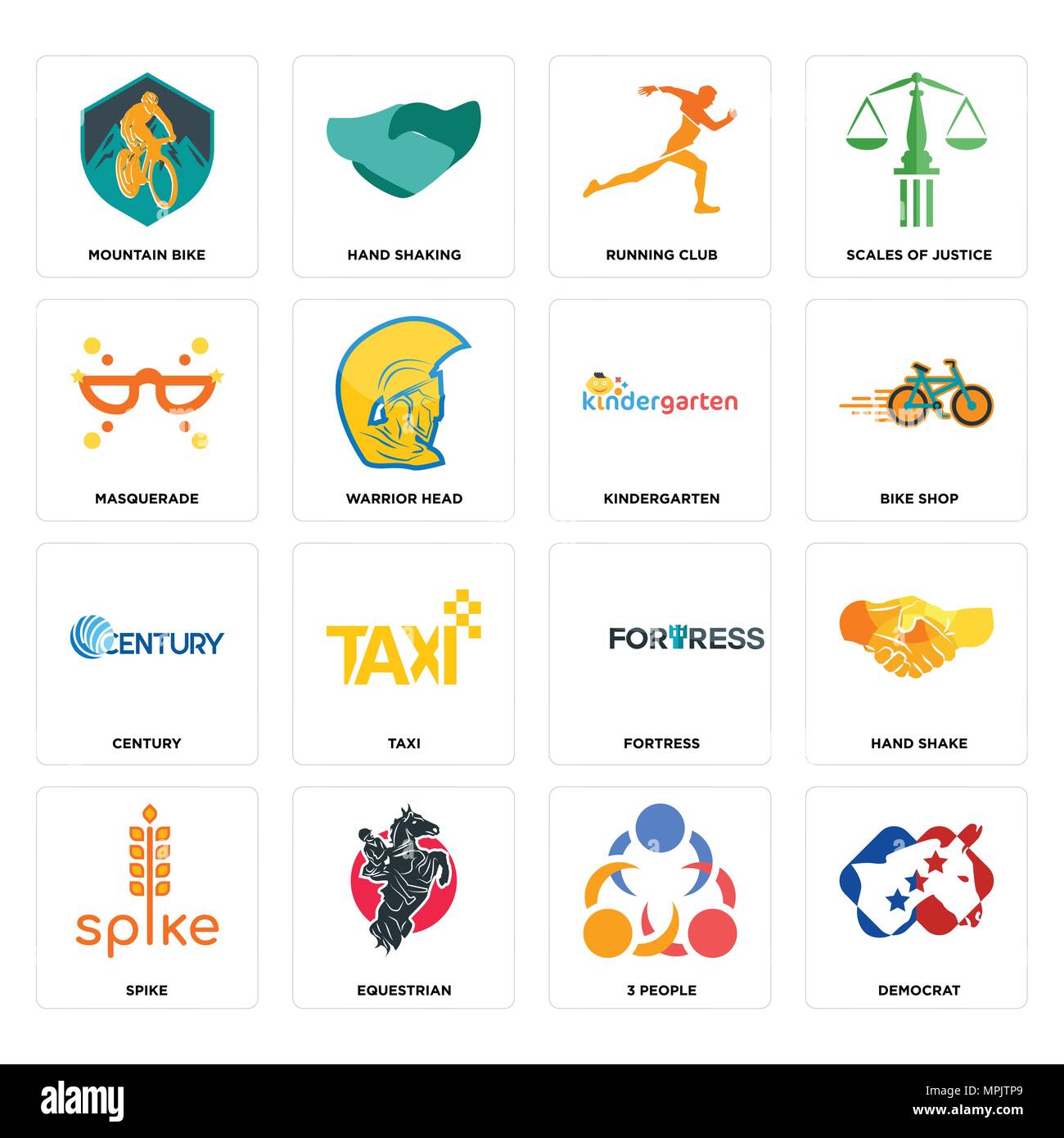 Ensemble de 16 icônes modifiable simple comme démocrate, 3 personnes, equestrian, spike, secouez la main, vtt, la mascarade, siècle, l'école maternelle peut être utiliser Illustration de Vecteur