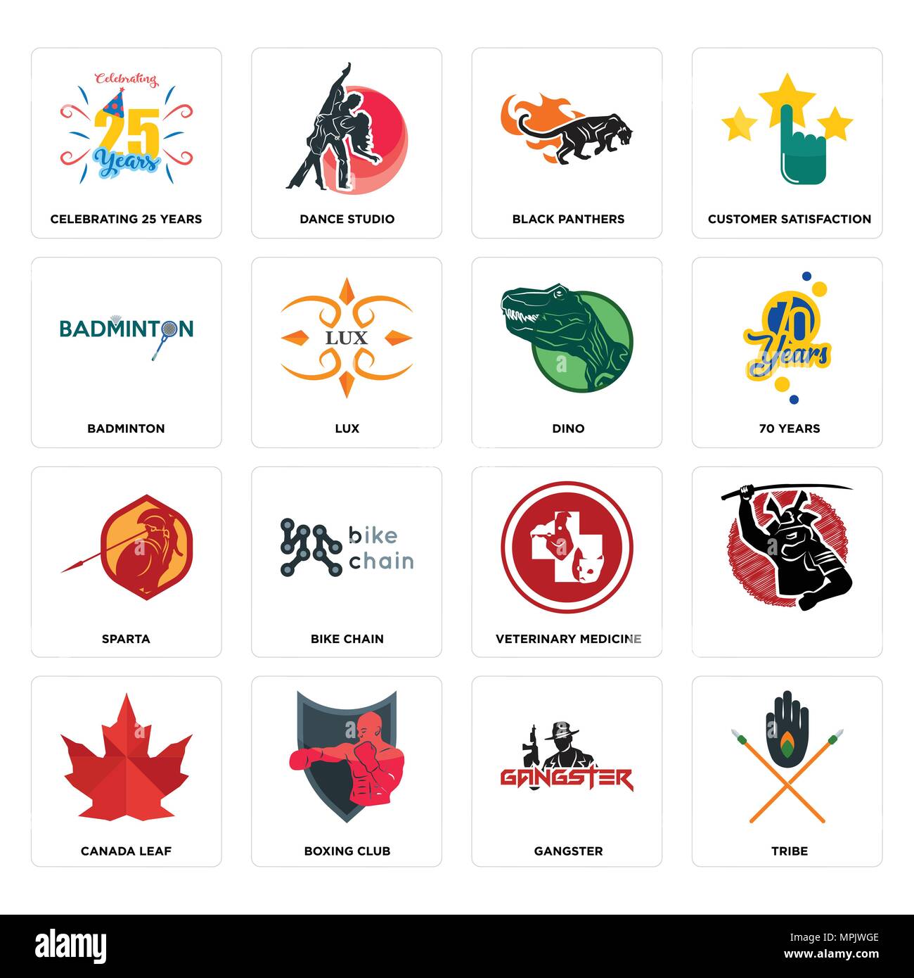Ensemble de 16 icônes modifiable simple comme tribu, gangster, boxing club, Canada, feuille , célèbre ses 25 ans, badminton, sparte, dino peut être utilisé pour mob Illustration de Vecteur