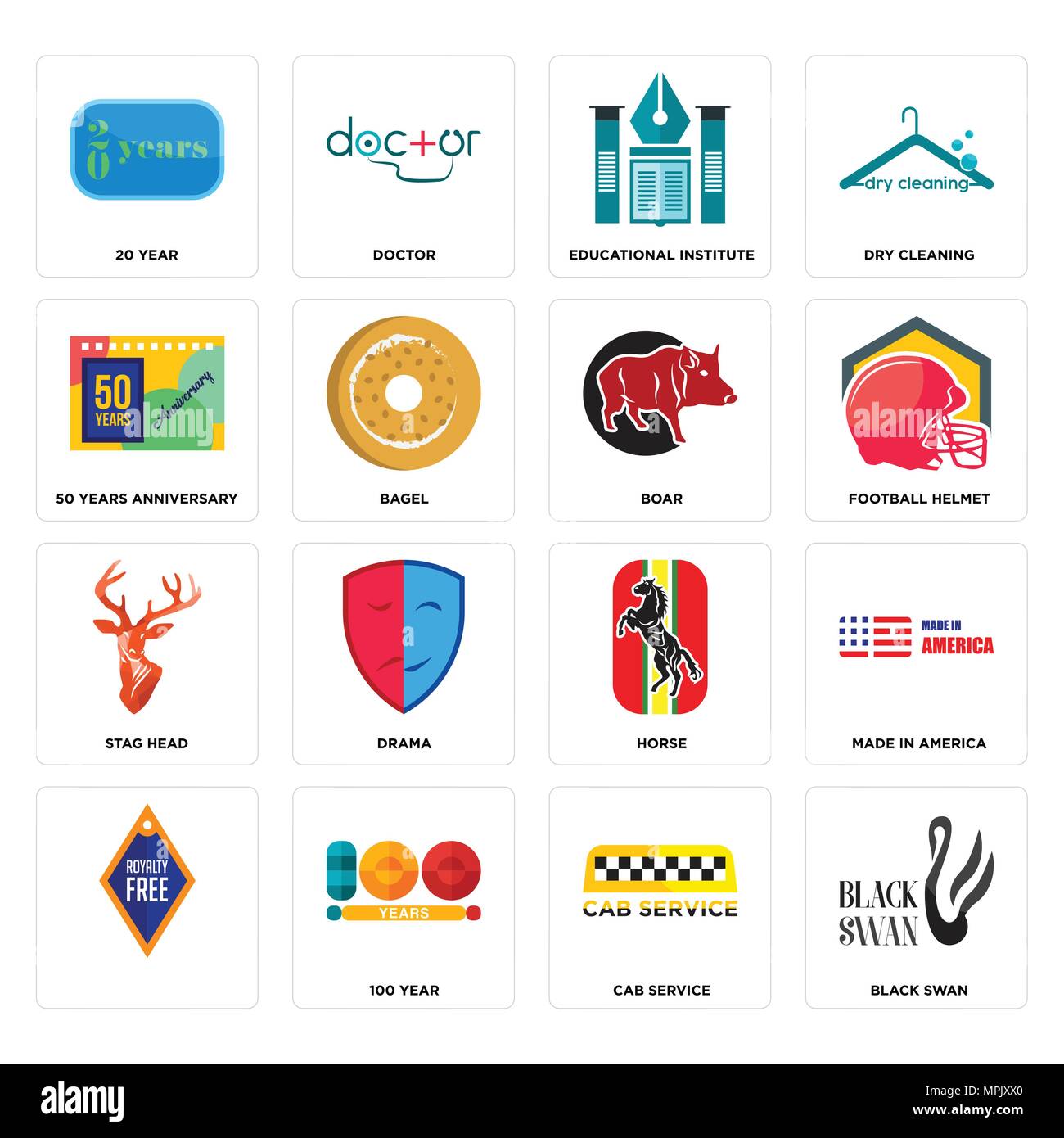 Ensemble de 16 icônes modifiable simple comme Black Swan, cab service, 100 ans, dans le nord, 20 50 ans, tête de cerf, sanglier, peut être utilisé pour Illustration de Vecteur