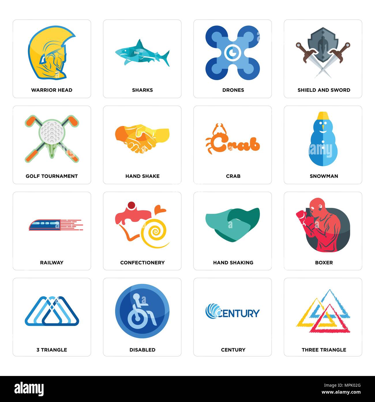Ensemble de 16 icônes modifiable simple comme trois triangle, siècle, mobilité, 3 boxer, chef guerrier, tournoi de golf, des chemins de fer, le crabe peut être utilisé pour mobil Illustration de Vecteur