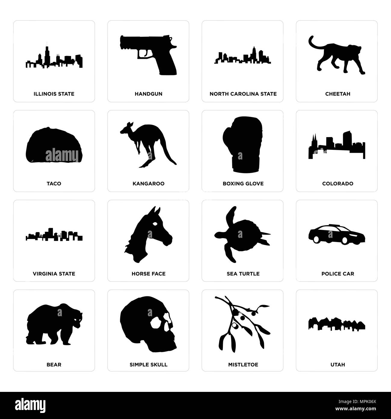 Ensemble de 16 icônes modifiable simple comme l'Utah, le gui, le crâne, l'ours, voiture de police, l'état de l'illinois, taco, Virginie gant de boxe peut être utilisé pour le mobile, Illustration de Vecteur