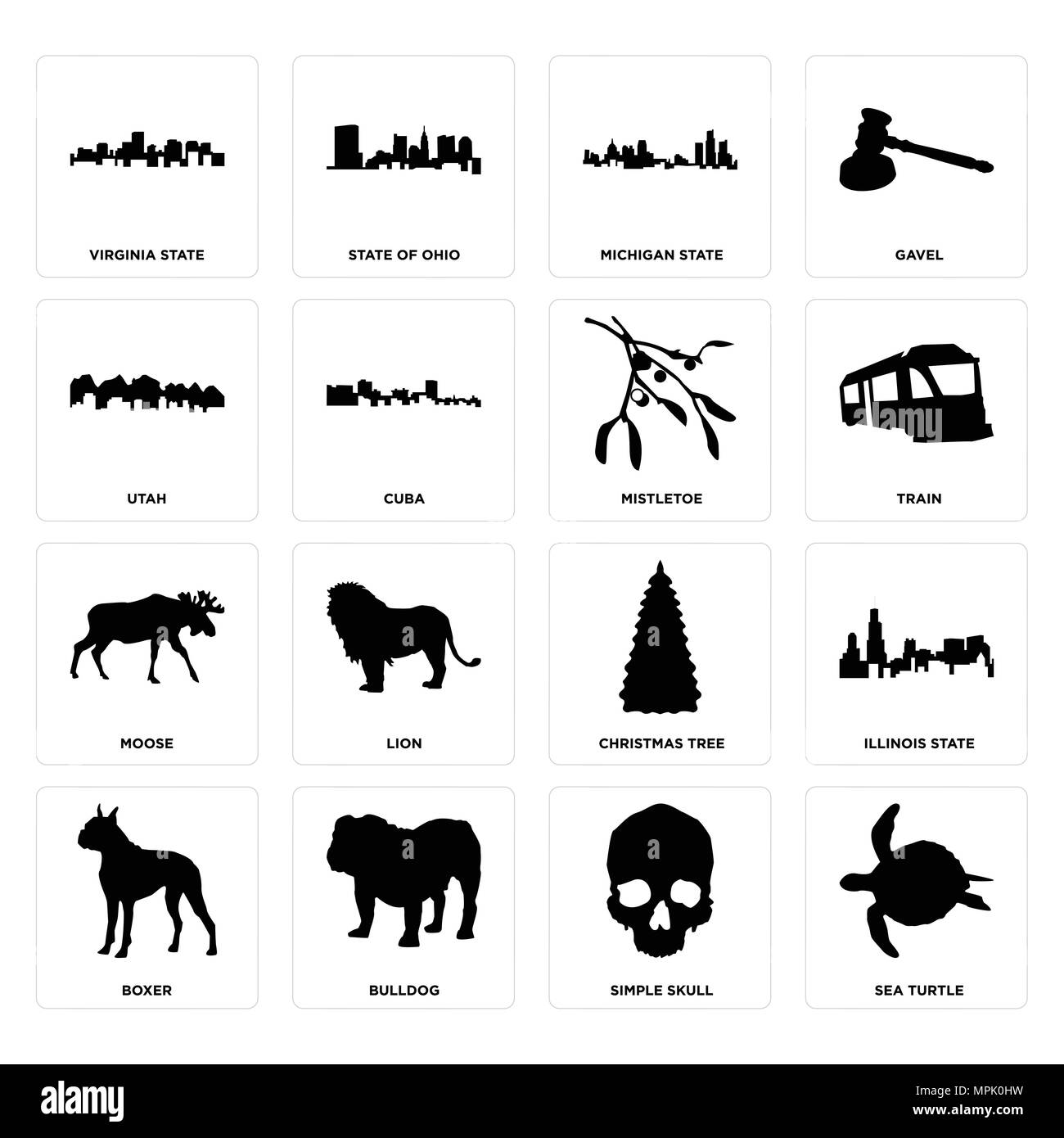 Ensemble de 16 icônes modifiable simple tels que les tortues de mer, crâne, bouledogue, boxer, l'Illinois, l'état de l'Utah Virginie, l'orignal, le gui peut être utilisé pour le mobile, web Illustration de Vecteur