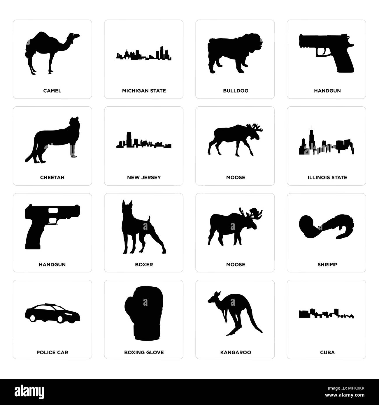Ensemble de 16 icônes modifiable simple comme Cuba, le kangourou, le gant de boxe, voiture de police, les crevettes, le chameau, le guépard, le poing, l'orignal peut être utilisé pour le mobile, web U Illustration de Vecteur