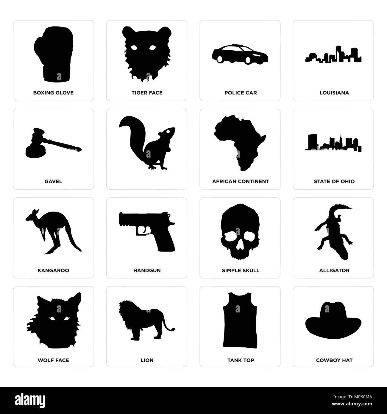 Ensemble de 16 icônes modifiable simple comme cowboy hat, débardeur, lion, loup visage, alligator, gant de boxe, gavel, kangourou, le continent africain peut être utilisé Illustration de Vecteur