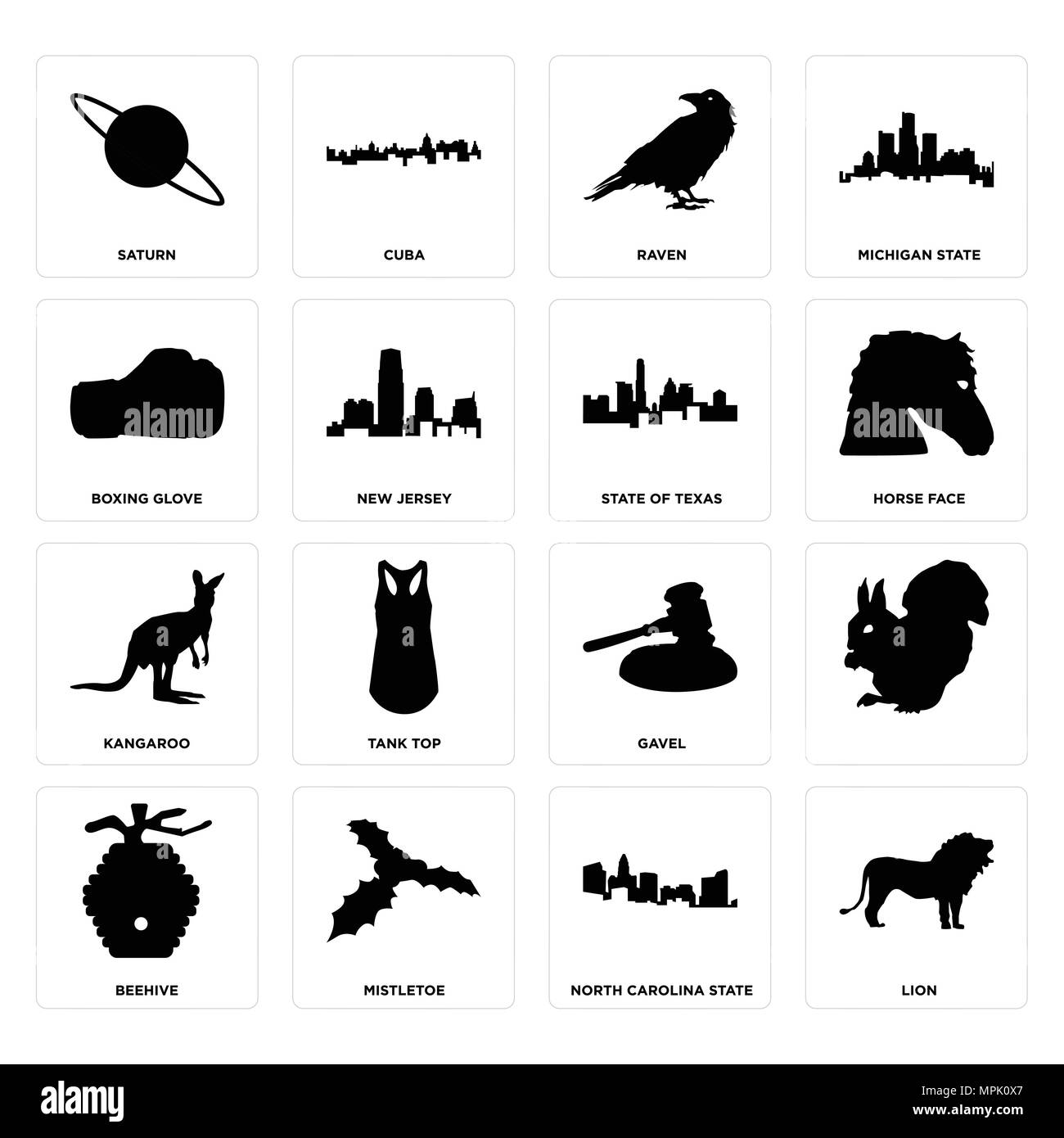 Ensemble de 16 icônes modifiable simple comme le lion, North Carolina State, le gui, le Beehive, , saturne, gant de boxe, kangourou, état du Texas peut être utilisé f Illustration de Vecteur