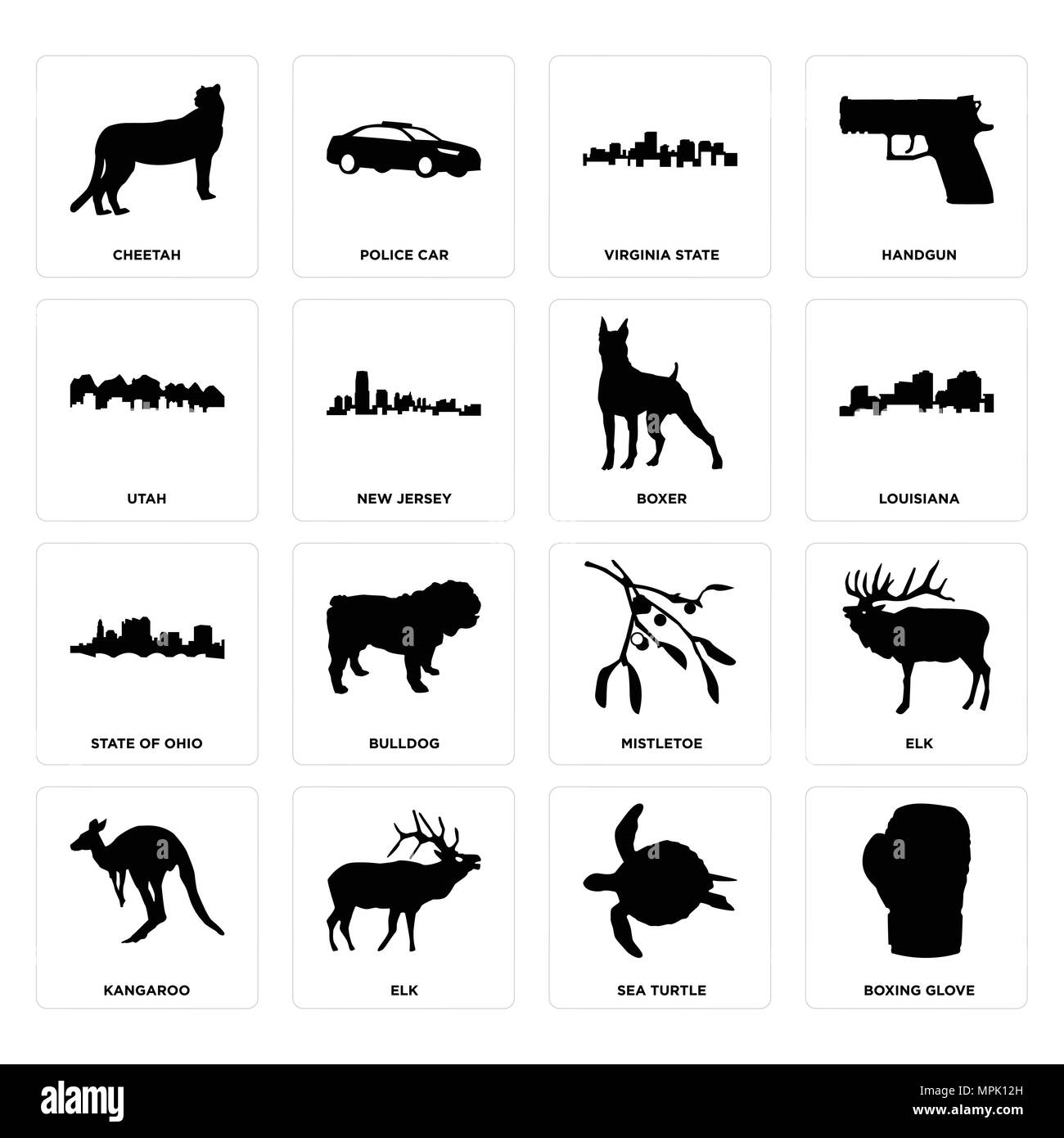 Ensemble de 16 icônes modifiable simple comme le gant de boxe, les tortues de mer, le wapiti, le kangourou, le guépard, l'Utah, l'état de l'Ohio, boxeur peut être utilisé pour le mobile, l'interface utilisateur web Illustration de Vecteur