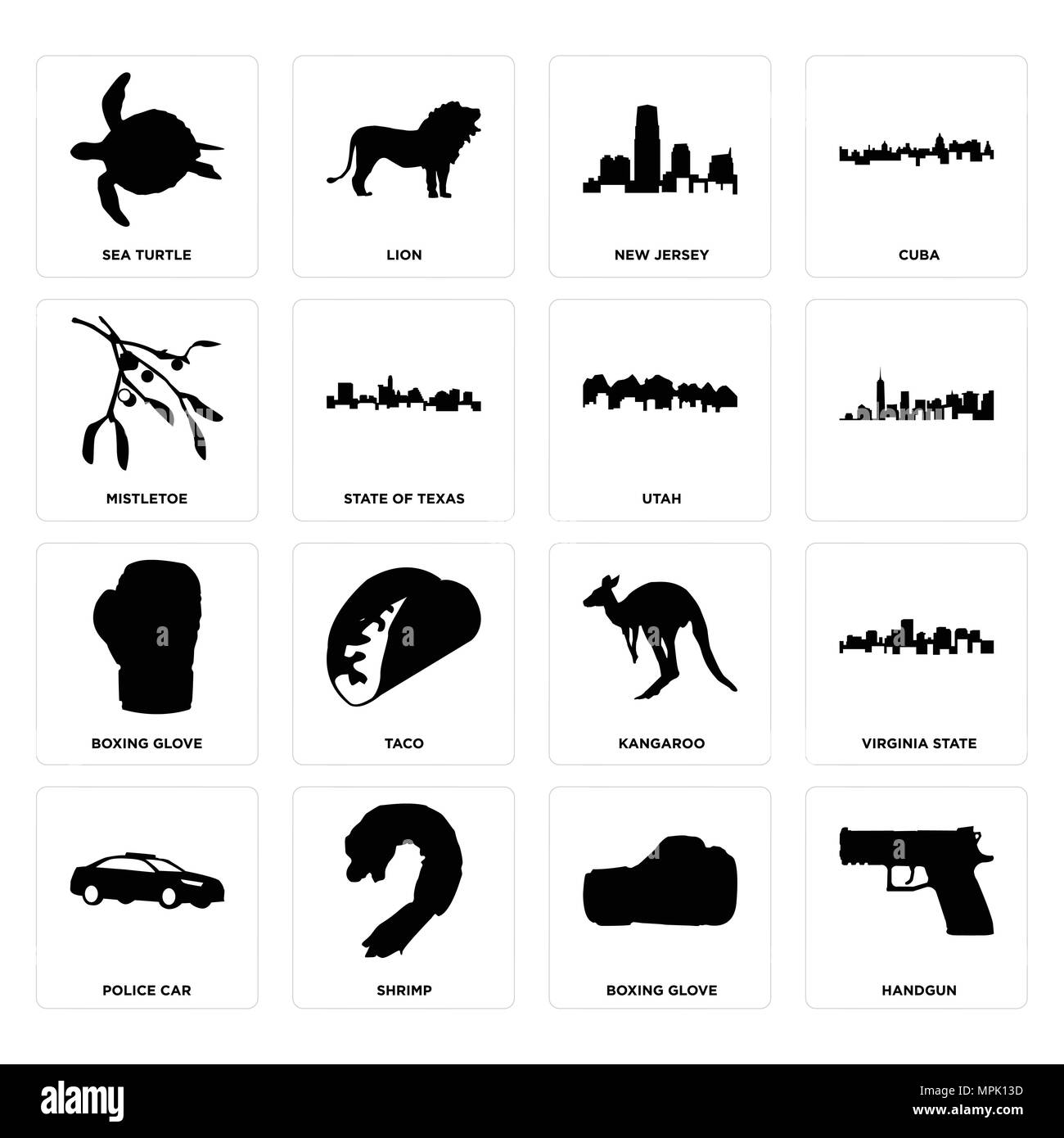 Ensemble de 16 icônes modifiable simple comme arme de poing, gant de boxe, crevettes, voiture de police, l'état de Virginie, les tortues de mer, du gui, de l'Utah peut être utilisé pour le mobile, Illustration de Vecteur