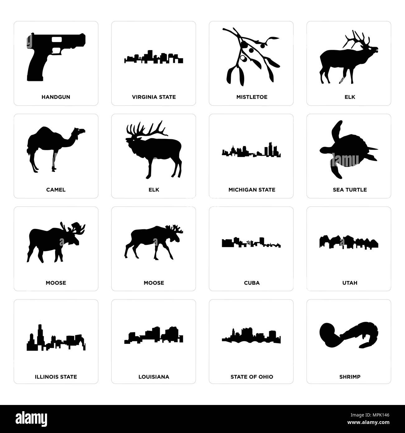 Ensemble de 16 icônes modifiable simple comme la crevette, l'état de l'Ohio, en Louisiane, l'Utah, l'état d'illinois, handgun, chameau, l'orignal, au Michigan peut être utilisé pour mobile Illustration de Vecteur