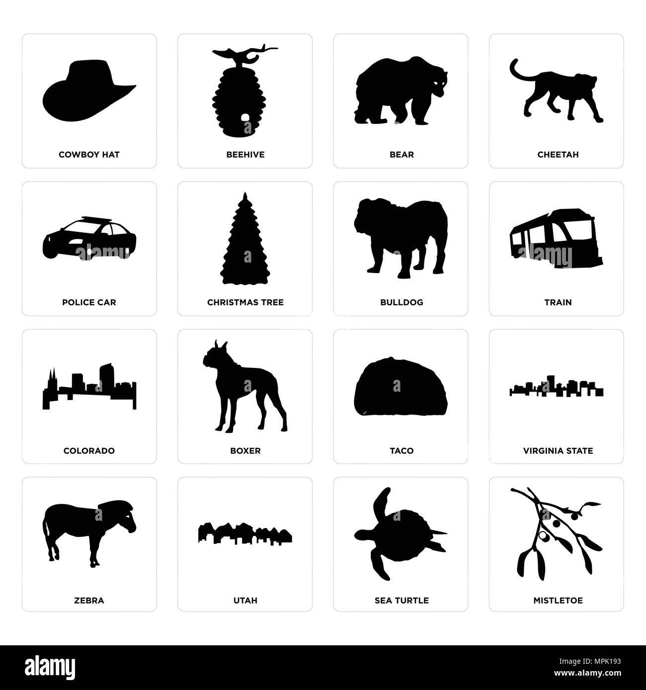 Ensemble de 16 icônes modifiable simple comme le gui, tortues de mer, de l'Utah, zèbre, virginia state, cowboy hat, voiture de police, Colorado, bouledogue peut être utilisé pour Illustration de Vecteur