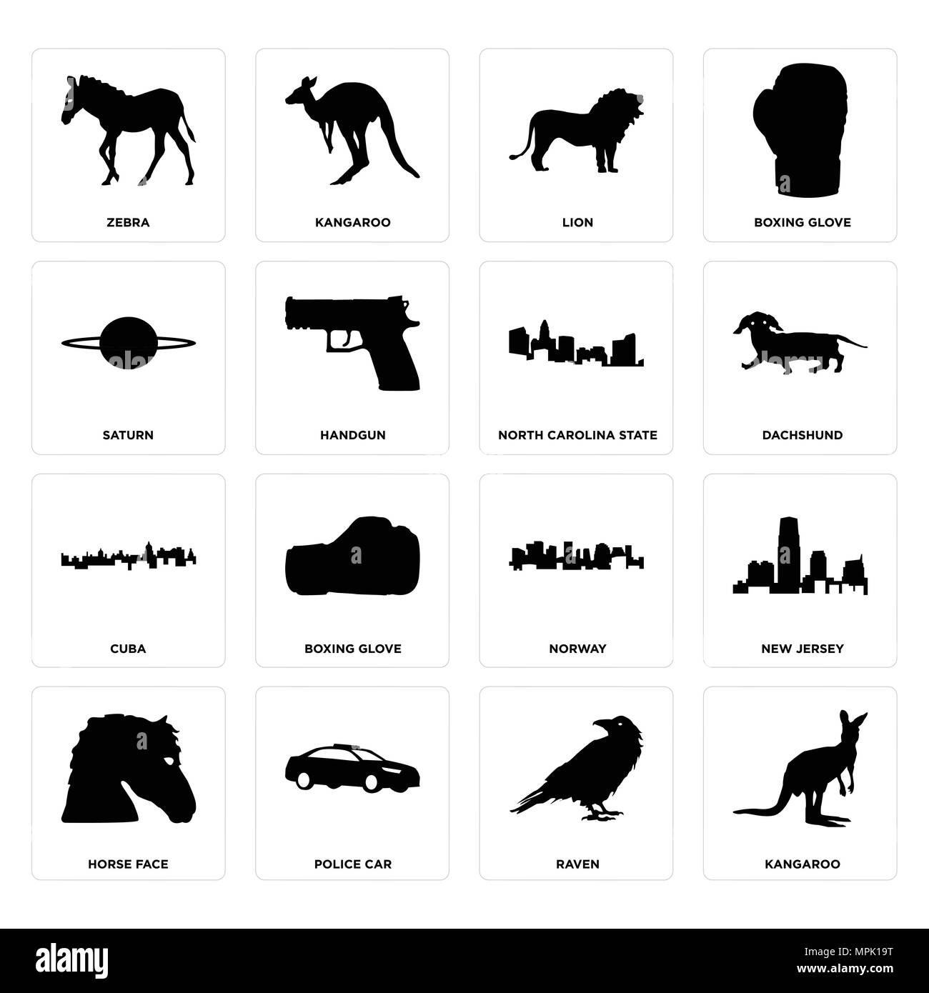Ensemble de 16 icônes modifiable simple comme le kangourou, Raven, voiture de police, l'face, New Jersey, zebra, Saturne, de Cuba, de l'Etat de Caroline du Nord peut être utilisé pour Illustration de Vecteur