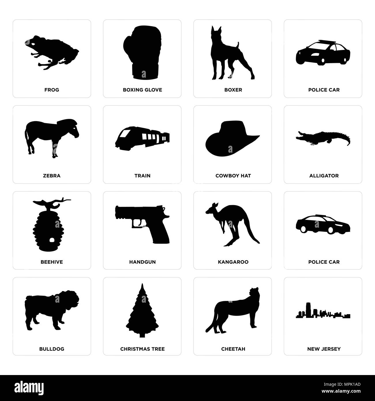 Ensemble de 16 icônes modifiable simple comme new jersey, cheetah, arbre de Noël, bouledogue, voiture de police, grenouille, zebra, le Beehive, cowboy hat peut être utilisé pour mob Illustration de Vecteur