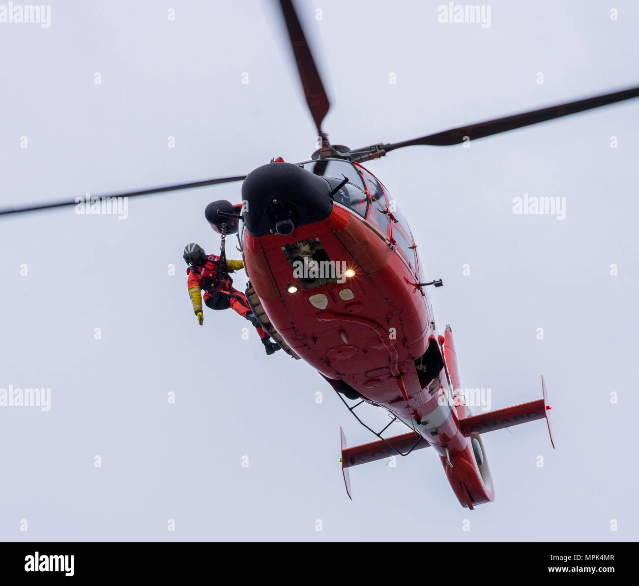 Un nageur de sauvetage de la Garde côtière canadienne affectée à la base d'opération avancée Point Mugu est abaissé d'un MH-65 hélicoptère Dauphin sur une falaise au cours de la formation en sauvetage au point Vicente Lighthouse 21 mars 2017. La formation permet de garder d'équipage compétent dans le cas d'un monde réel côté falaise de sauvetage. (U.S. Photo de la Garde côtière canadienne par le maître de 3e classe Andrea Anderson/libérés) Banque D'Images