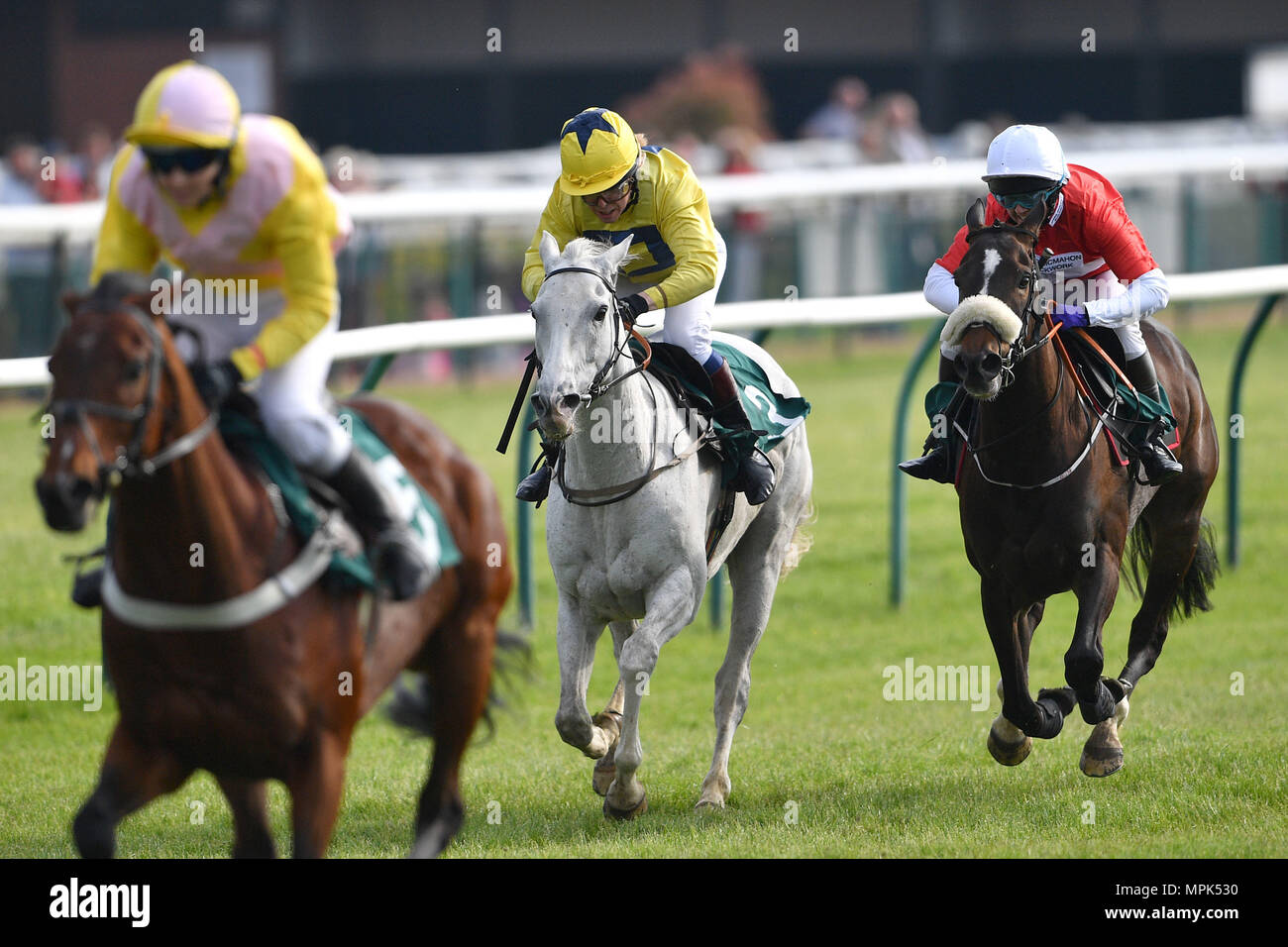 Victoria Smith rides Roy Rocket (centre) dans le Jockey Club Défi à l'hippodrome de Warwick, comme elle fait l'histoire en devenant la première personne à la race comme un homme et une femme. Banque D'Images