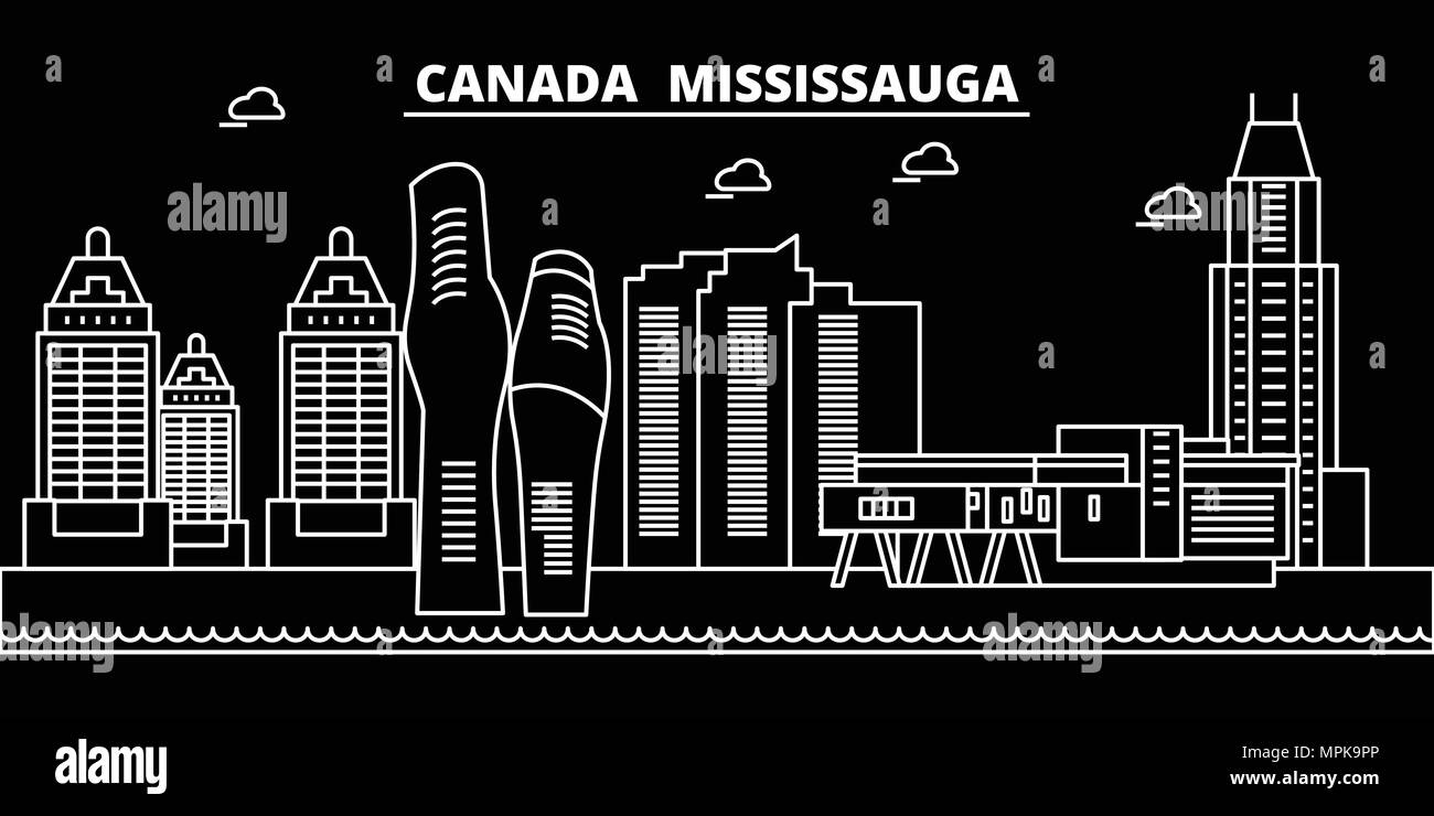 Skyline silhouette de Mississauga. Canada - Mississauga, ville de scénario linéaire, les bâtiments de l'architecture canadienne. Illustration de voyage Mississauga, contours de repère. Canada télévision icône, bannière ligne canadienne Illustration de Vecteur