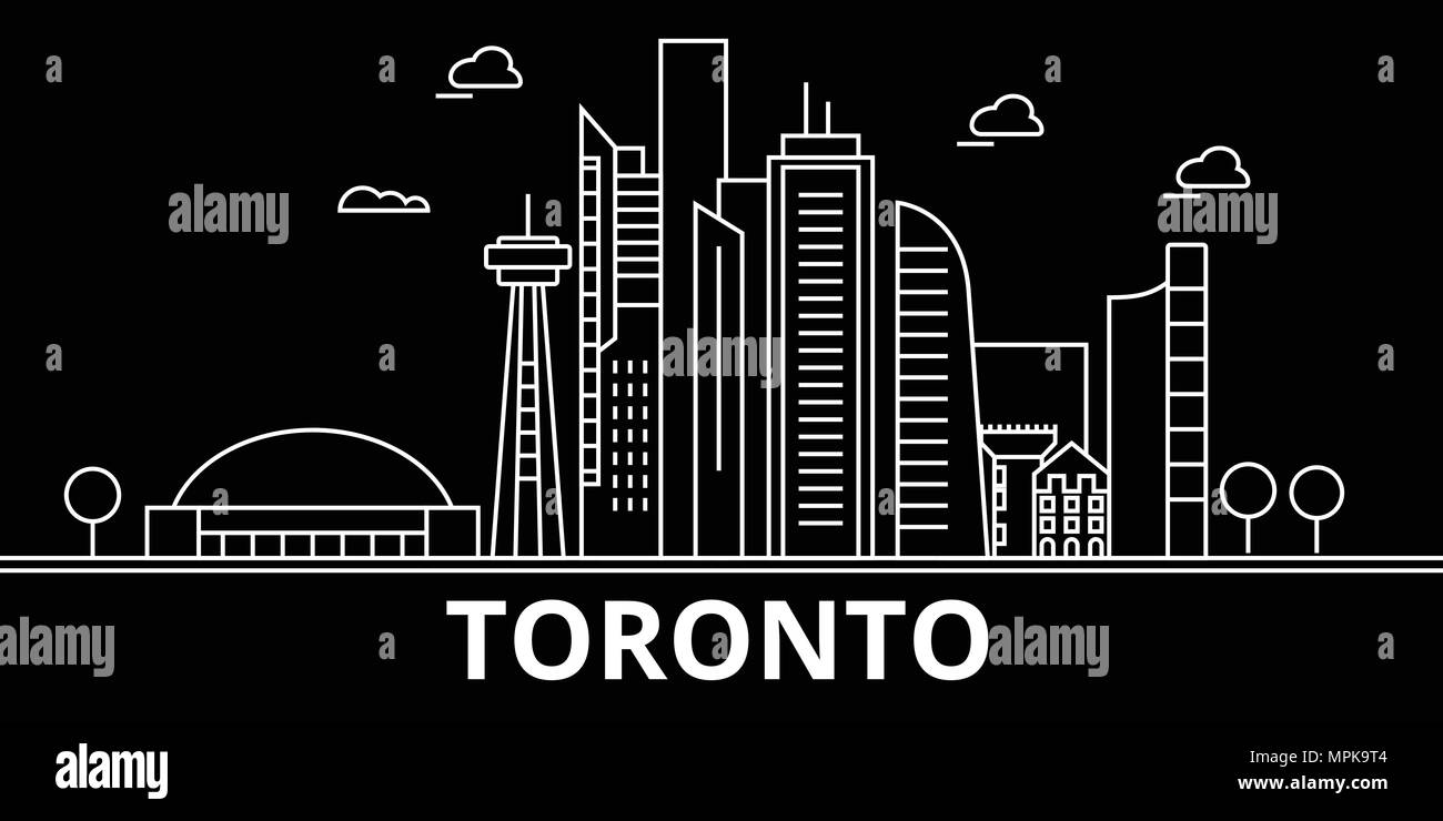 Toronto Skyline silhouette. Canada - Toronto, ville vecteur linéaire, les bâtiments de l'architecture canadienne. Toronto billet d'illustration, les grandes lignes de repère. Canada télévision icône, bannière ligne canadienne Illustration de Vecteur