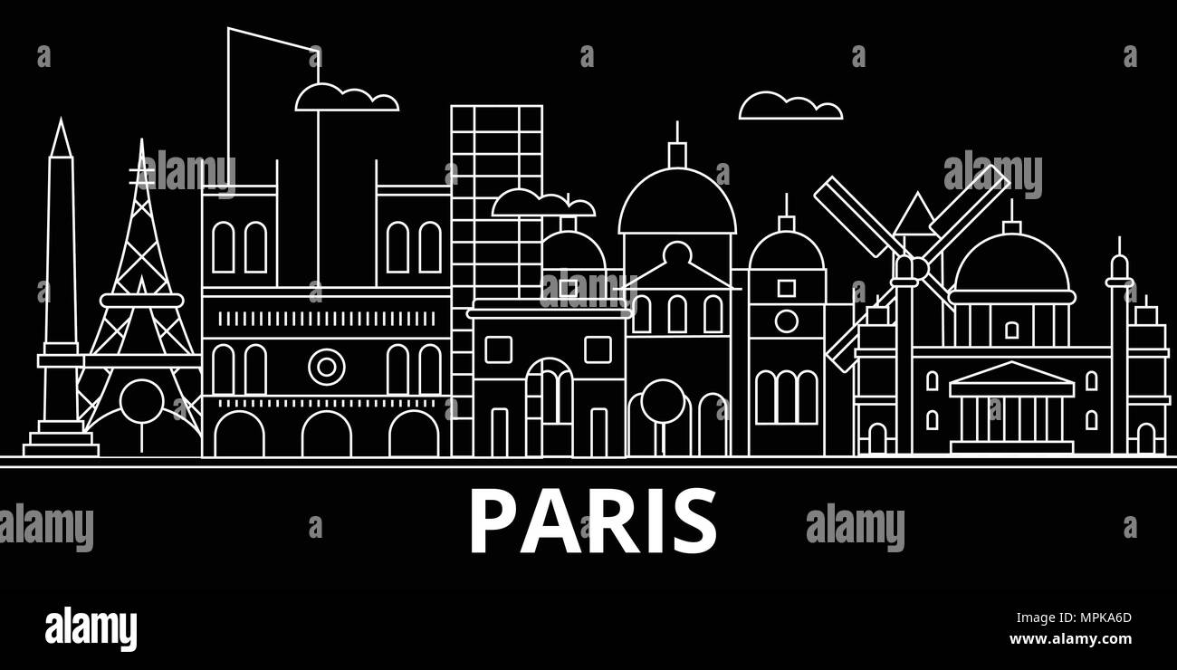 Paris silhouette d'horizon. France - Paris, ville vecteur linéaire, les bâtiments de l'architecture française. Paris billet d'illustration, les grandes lignes de repère. France télévision icône, bannière en ligne français Illustration de Vecteur