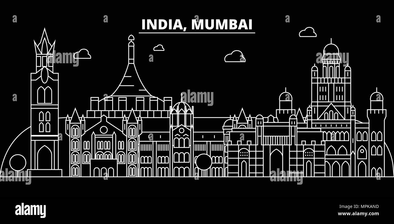 Skyline silhouette de Mumbai. Inde - Mumbai, ville vecteur linéaire indiennes, l'architecture des bâtiments. Mumbai billet d'illustration, les grandes lignes de repère. L'Inde, l'icône plate ligne indienne banner Illustration de Vecteur