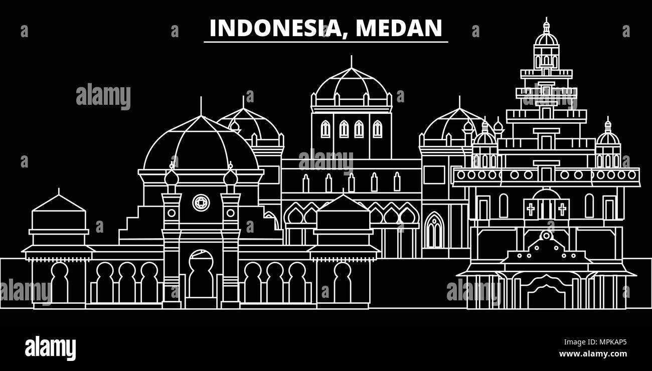 Skyline silhouette de Medan. Indonésie - Jakarta, ville vecteur linéaire de l'Indonésie, l'architecture des bâtiments. Medan billet d'illustration, les grandes lignes de repère. L'icône de l'Indonésie, l'indonésien télévision ligne banner Illustration de Vecteur