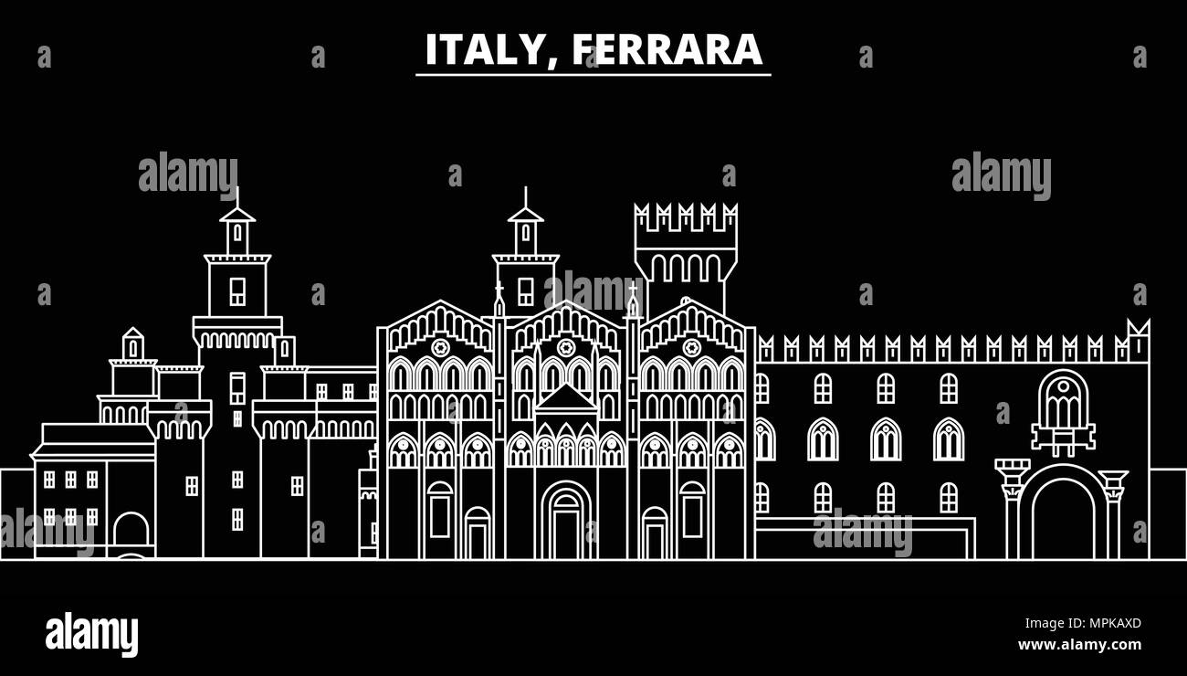 Skyline silhouette Ferrara. Italie - Ferrare, ville vecteur linéaire, les bâtiments de l'architecture italienne. Ferrara billet illustration, contours de repère. Italie télévision icône, bannière ligne italienne Illustration de Vecteur