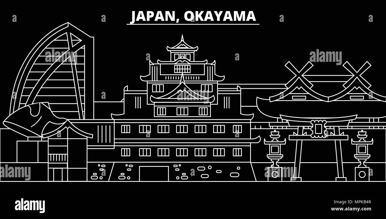 Skyline silhouette d'Okayama. Japon - Fukuoka, ville vecteur linéaire japonais, l'architecture des bâtiments. Billet d'Okayama illustration, contours de repère. Le Japon télévision icône, bannière de ligne japonais Illustration de Vecteur