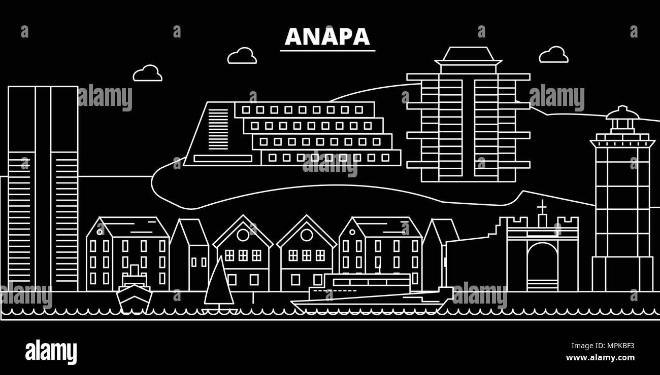 L'ANAPA skyline silhouette. Russie - Anapa ville vecteur linéaire, le russe, l'architecture des bâtiments. Illustration de voyage Anapa, contours de repère. Icône russe La Russie Télévision, ligne banner Illustration de Vecteur