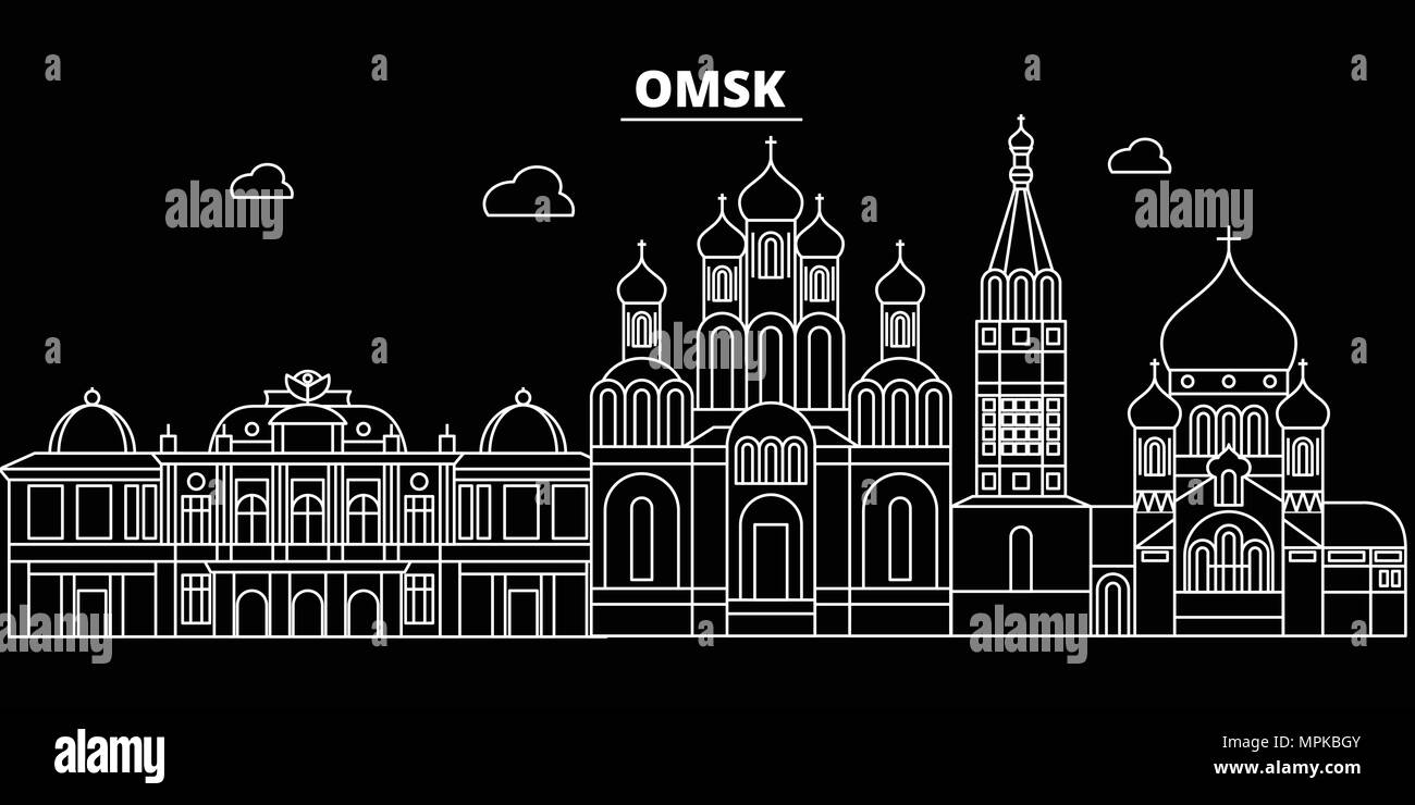 Skyline silhouette d'Omsk. Russie - Omsk ville vecteur linéaire, fédération de l'architecture, les bâtiments. Omsk billet d'illustration, les grandes lignes de repère. Icône russe La Russie Télévision, ligne banner Illustration de Vecteur