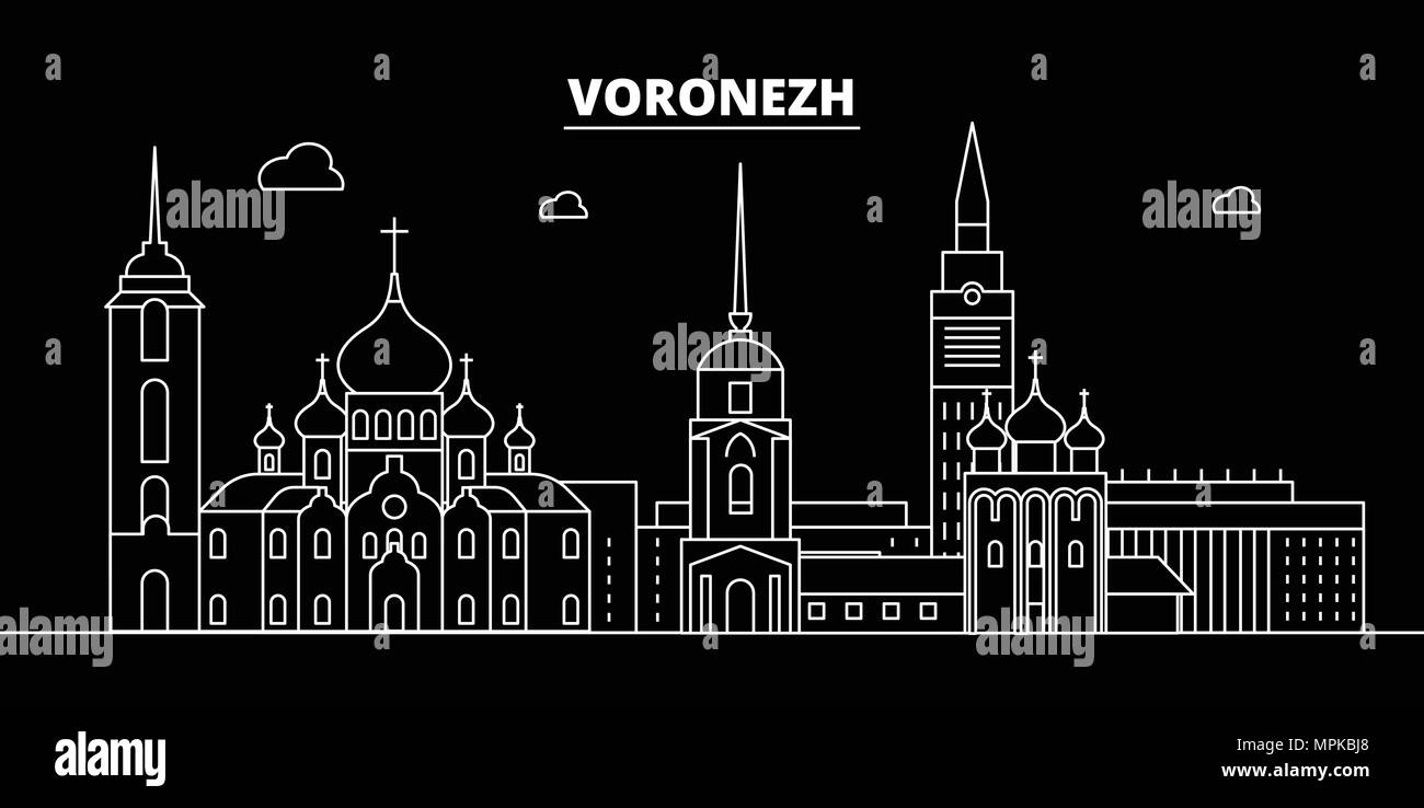 Skyline silhouette de Voronej. Russie - Voronej ville vecteur linéaire, le russe, l'architecture des bâtiments. Billet d'illustration, Voronezh contours de repère. Icône russe La Russie Télévision, ligne banner Illustration de Vecteur