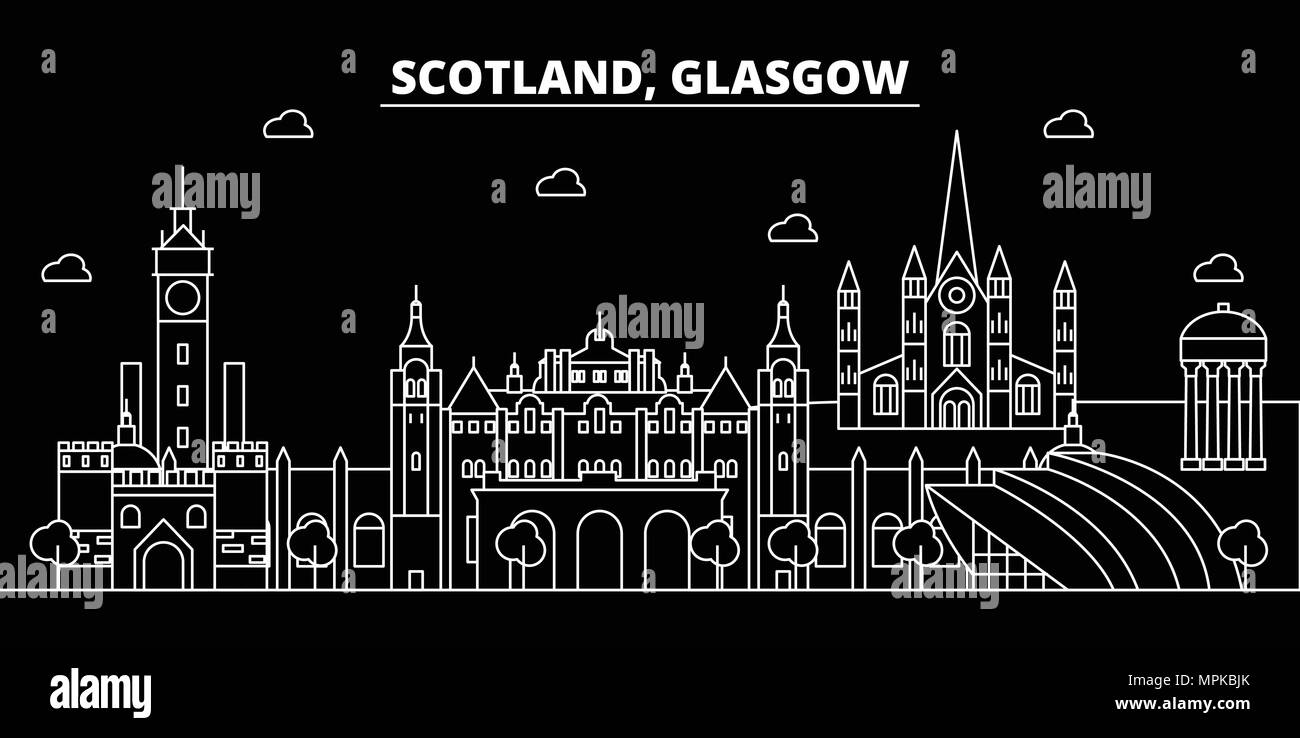 Skyline silhouette de Glasgow. Ecosse - Glasgow, ville vecteur linéaire écossais, l'architecture des bâtiments. Glasgow billet d'illustration, les grandes lignes de repère. L'Écosse télévision icône, bannière ligne écossais Illustration de Vecteur