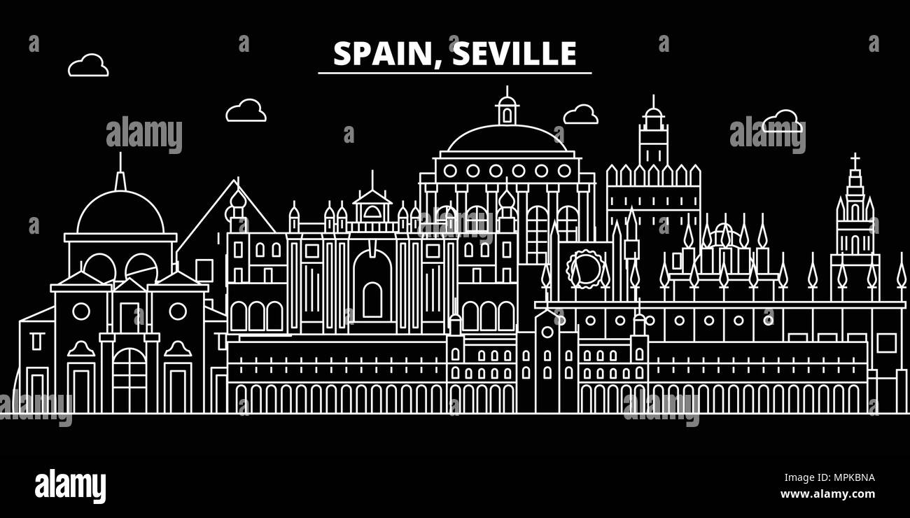 Skyline silhouette de Séville. Espagne - Séville, ville vecteur linéaire espagnol, l'architecture des bâtiments. Séville billet d'illustration, les grandes lignes de repère. Espagne télévision icône, bannière ligne espagnol Illustration de Vecteur