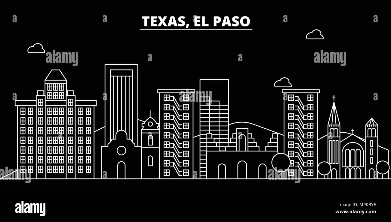 El Paso d'ossature d'horizon. USA - El Paso, ville vecteur linéaire de l'Amérique, l'architecture des bâtiments. El Paso billet d'illustration, les grandes lignes de repère. USA télévision icônes, american line banner Illustration de Vecteur