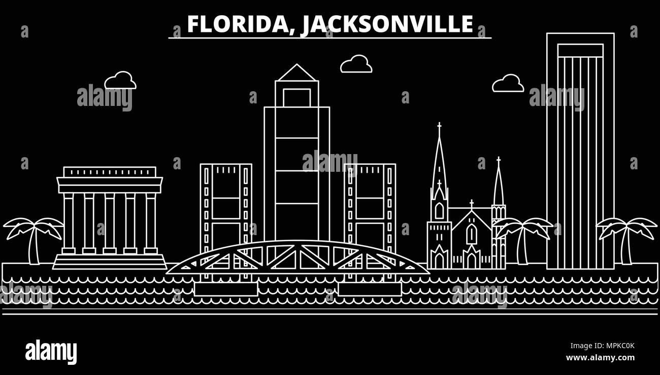 Skyline silhouette de Jacksonville. USA - vecteur de Jacksonville, la ville linéaire de l'Amérique, l'architecture des bâtiments. Jacksonville billet d'illustration, les grandes lignes de repère. USA télévision icônes, american line banner Illustration de Vecteur