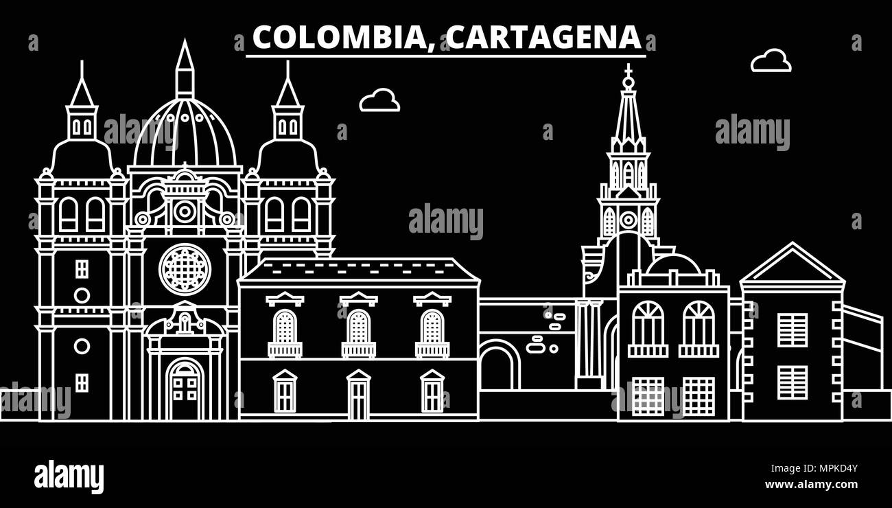 Silhouette Cartagena skyline. Colombie - Cartagena, ville vecteur linéaire colombien, l'architecture des bâtiments. Ligne Cartagena billet d'illustration, de repère. La Colombie, l'icône Contour télévision colombienne design Illustration de Vecteur