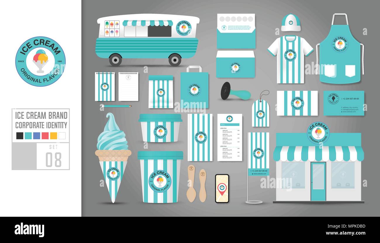 L'identité de l'entreprise Paramétrage du modèle 8. Concept de logo pour ice cream shop, café, restaurant. Modèle de simulation réaliste jeu de boutique, voiture, t-shirt, tablier, cap Illustration de Vecteur