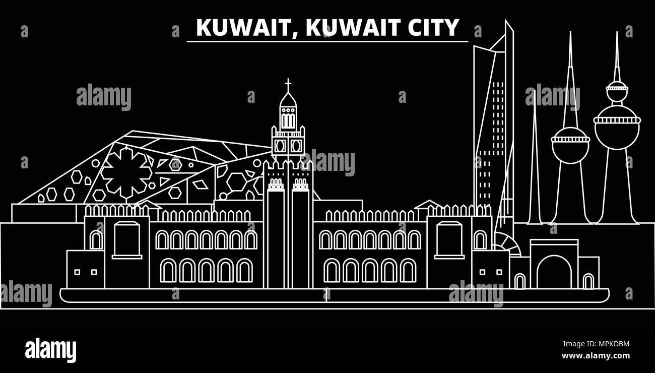 Koweït City skyline silhouette, scénario, l'architecture des bâtiments, linéaire koweïtiens. Koweït voyage ligne illustration, des repères, des icônes télévision, contours koweïtiens bannière design Illustration de Vecteur